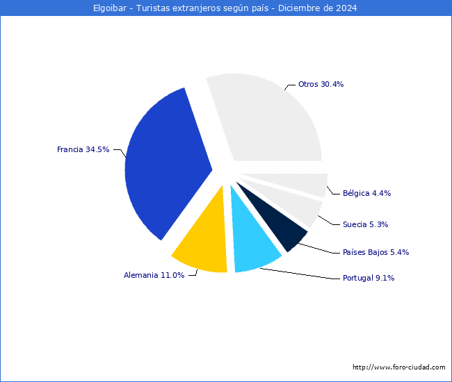 Numero de turistas de origen Extranjero por pais de procedencia en el Municipio de Elgoibar hasta Diciembre del 2024.