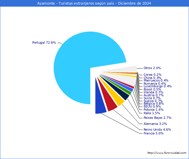 Numero de turistas de origen Extranjero por pais de procedencia en el Municipio de Ayamonte hasta Diciembre del 2024.
