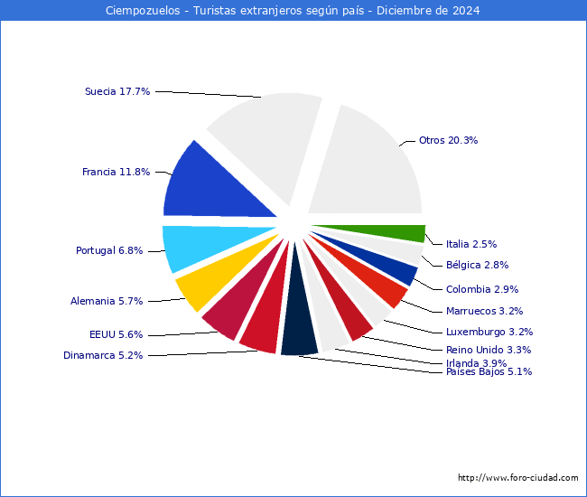 Numero de turistas de origen Extranjero por pais de procedencia en el Municipio de Ciempozuelos hasta Diciembre del 2024.