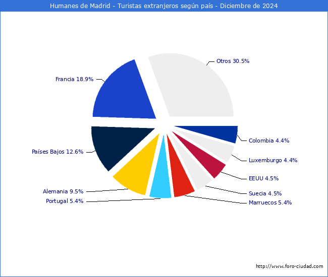 Numero de turistas de origen Extranjero por pais de procedencia en el Municipio de Humanes de Madrid hasta Diciembre del 2024.