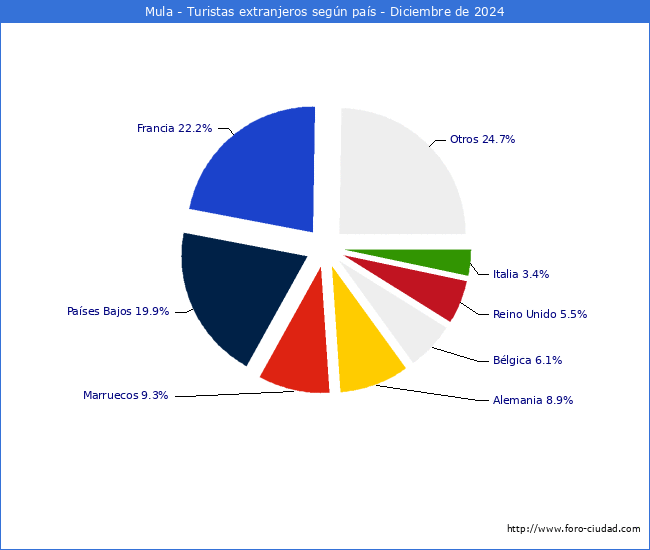 Numero de turistas de origen Extranjero por pais de procedencia en el Municipio de Mula hasta Diciembre del 2024.