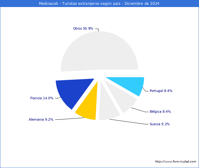 Numero de turistas de origen Extranjero por pais de procedencia en el Municipio de Medinaceli hasta Diciembre del 2024.