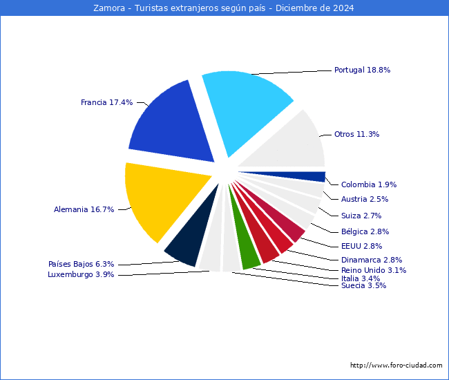 Numero de turistas de origen Extranjero por pais de procedencia en el Municipio de Zamora hasta Diciembre del 2024.
